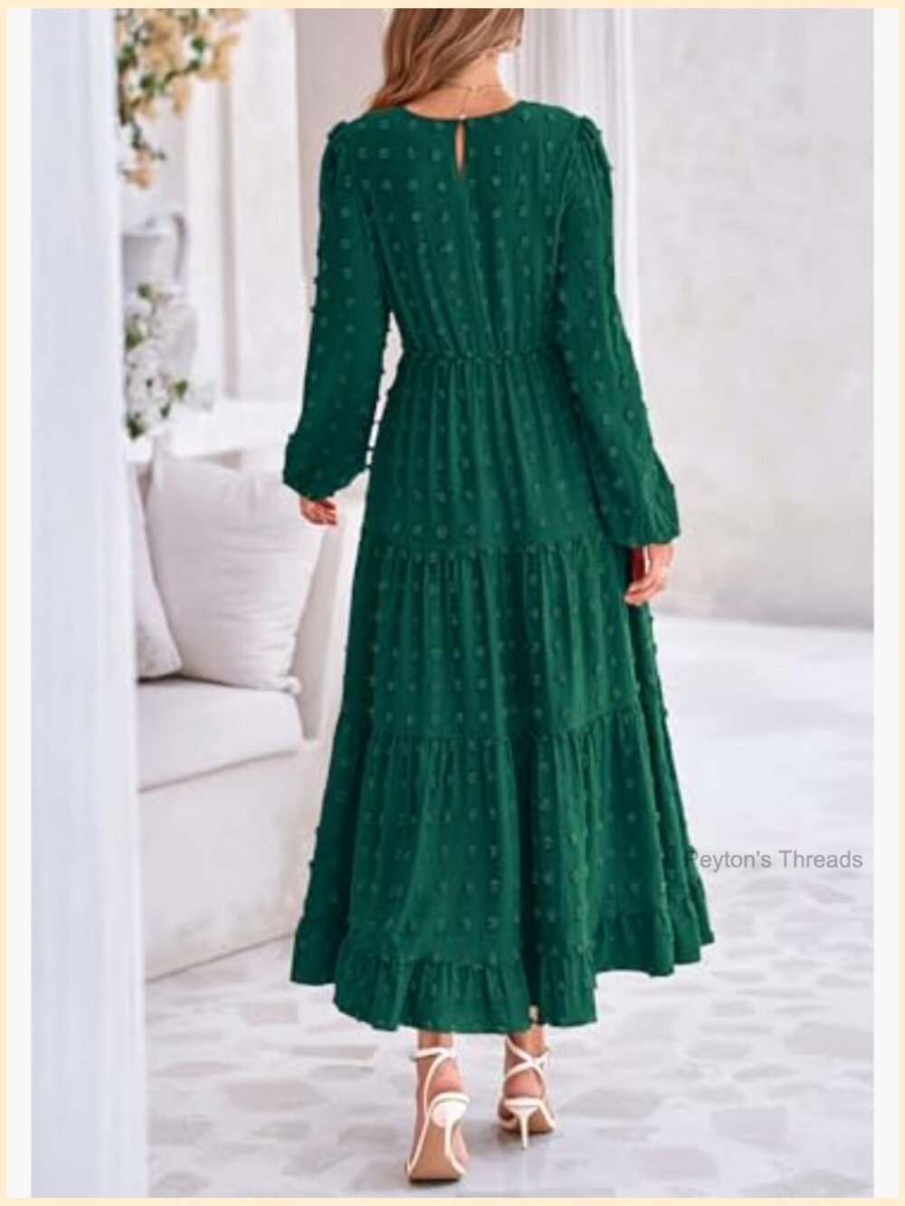 Elegant Long Sleeve Maxi Dress Swiss Dot A-Line Flowy Casual Holiday Party Dress - Picture 2 of 7